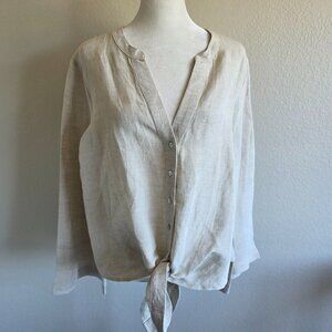 Boston Proper Tie Hem Long Flare Sleeve Linen Blend Button Shirt Top Size M